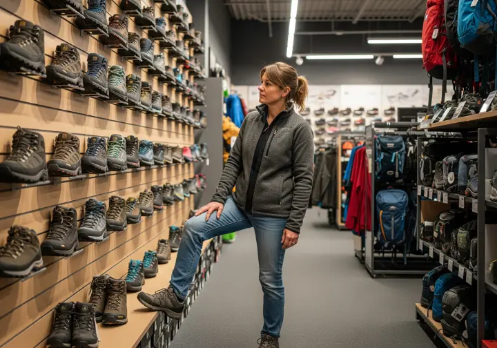A full-body shot of a woman in a gear store looking at a wall of walking shoes, representing the selection process.