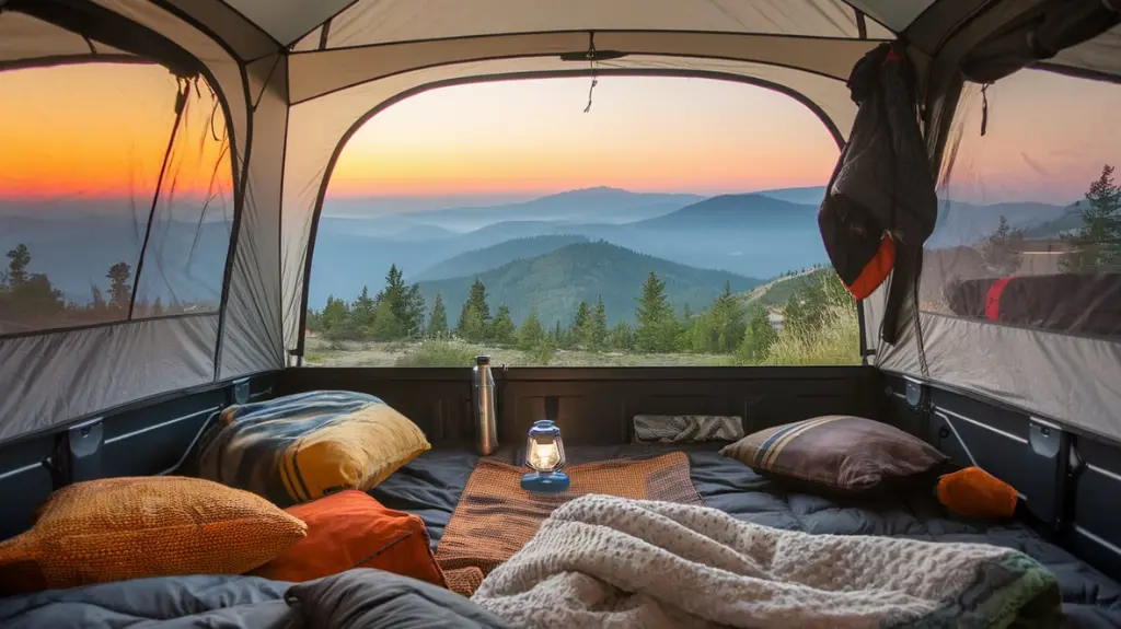 View from inside a pickup bed tent showcasing a cozy setup and a mountain sunrise, highlighting elevated camping experiences. 