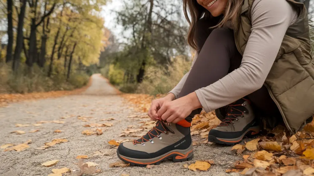 A woman preparing for a hike, tying stylish and durable female hiking boots on a forest trail. 