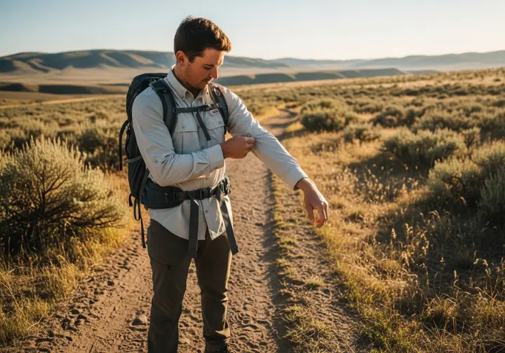 Full-body view of a hiker paused on a desert trail, looking down and closely examining the material of their long-sleeve hiking shirt.