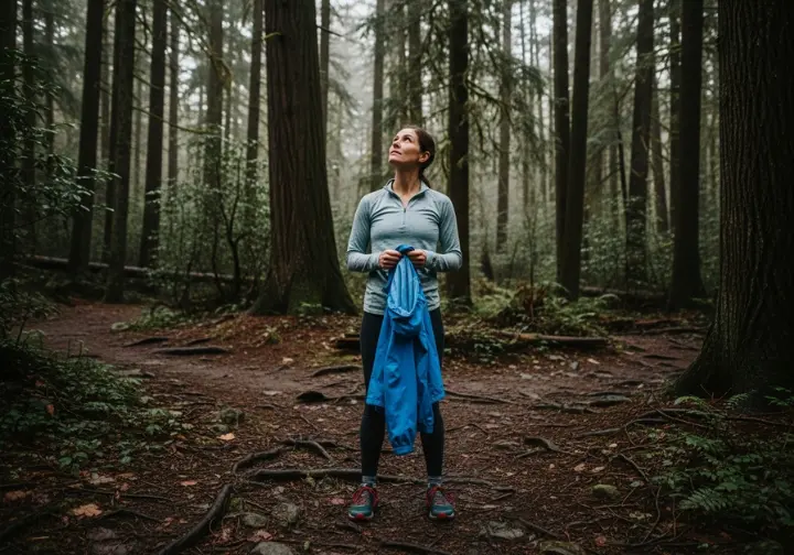 A full-body shot of a woman hiker standing at a trail fork in a forest, holding a rain jacket and looking at the sky.