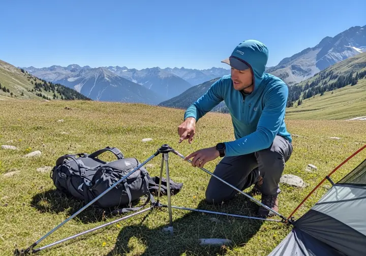 A hiker in full outdoor gear kneels on the ground to inspect the pole structure of a backpacking tent.
