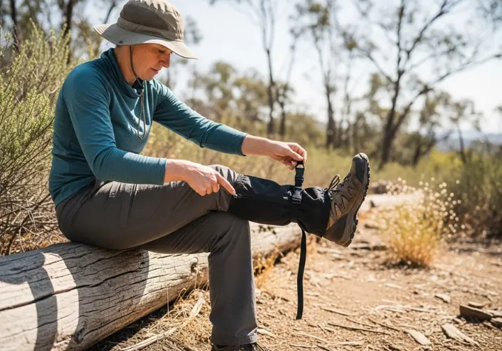 A full-body view of a hiker sitting on a log and pointing to the features on their snake gaiter.
