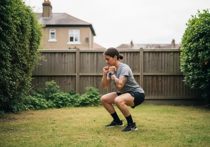 A full-body photograph of a person in athletic wear doing squats in their backyard as part of a home-based training routine for hiking.