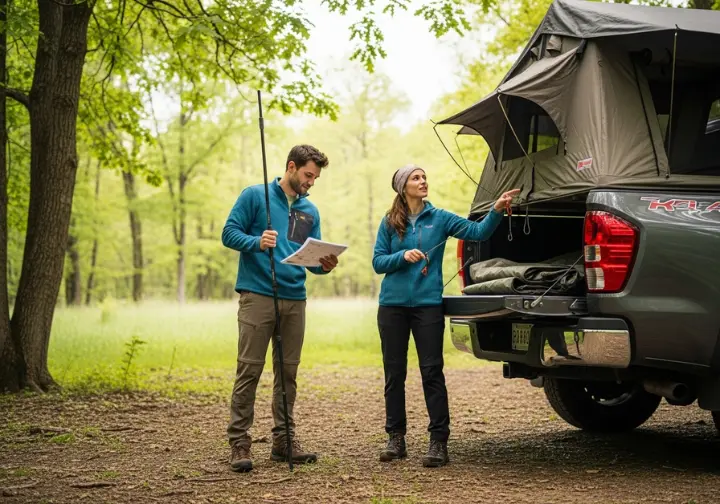 A man and woman in hiking clothes work together to set up a pickup bed tent on their truck in a wooded area.