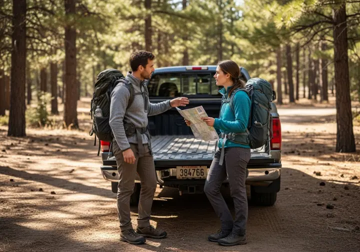 Two hikers in full-body view stand at the tailgate of their truck, discussing gear choices for setting up a truck box tent at a trailhead.