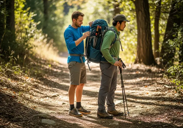 A full-body shot of two male hikers on a trail; one is helping the other adjust the straps of his backpack for a proper fit.