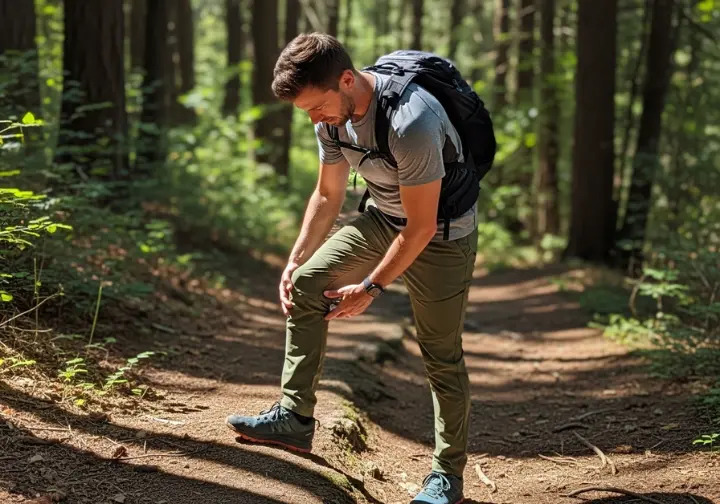 A hiker in a full-body shot stands on a forest path, looking down at the features of their technical hiking pants.