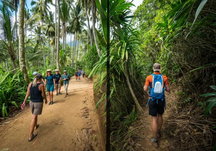 Split image showing day hikers near Hanakapi'ai Beach and a backpacker deeper on the Kalalau Trail, illustrating day-use versus overnight permits.