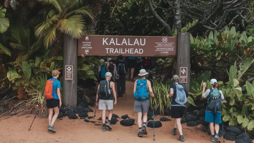 Hikers at the Kalalau Trailhead, ready to embark on an epic adventure surrounded by tropical greenery.