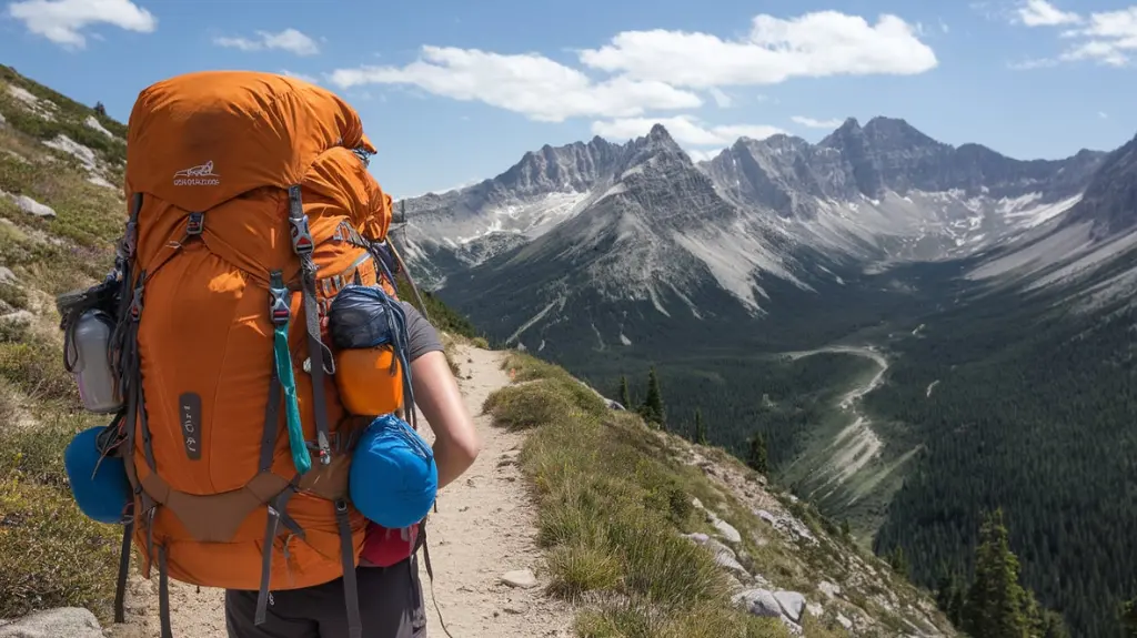 A hiker with a fully loaded backpacking backpack on a mountain trail, ready for adventure.  