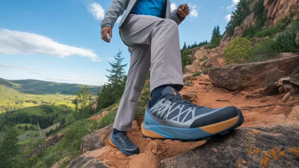 A trendy hiker showcasing cool hiking shoes on a scenic trail, emphasizing style and functionality.