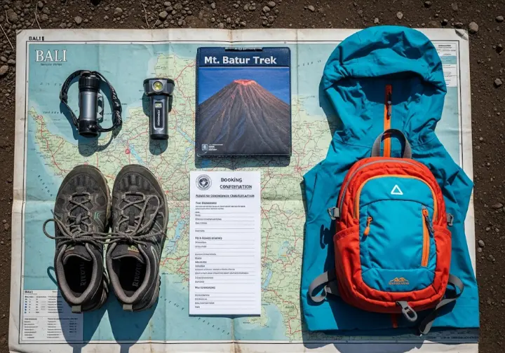Flat lay of essential gear including headlamp, hiking shoes, waterproof shell, and a tour booking, representing strategic planning for a Mt. Batur trek.