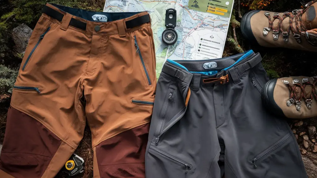 A display of men’s hiking pants highlighting adjustable waistbands and other hiking features.