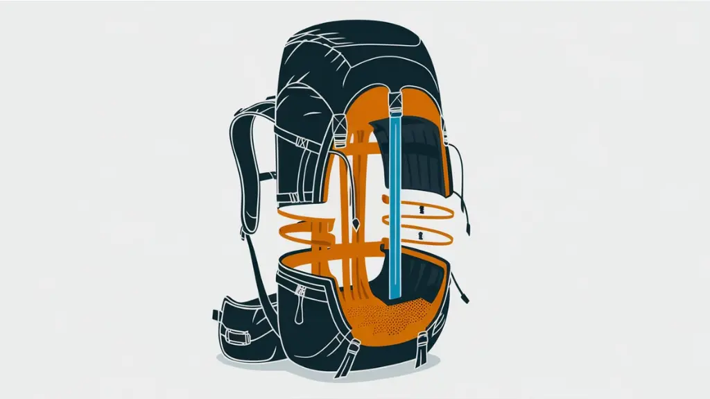 An infographic explaining the key features of a backpacking backpack, including compartments and suspension systems.