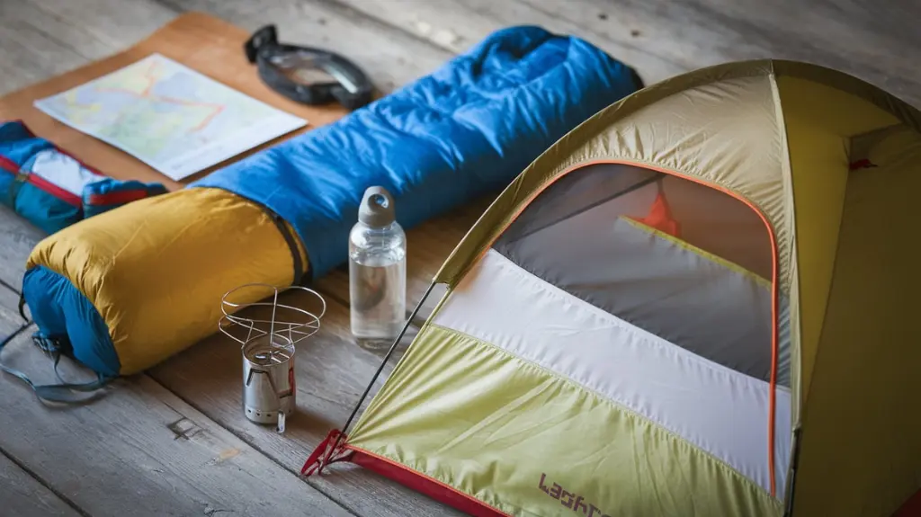 Essential backpacking gear, including a lightweight packed tent, sleeping bag, and stove, perfect for outdoor adventures.  