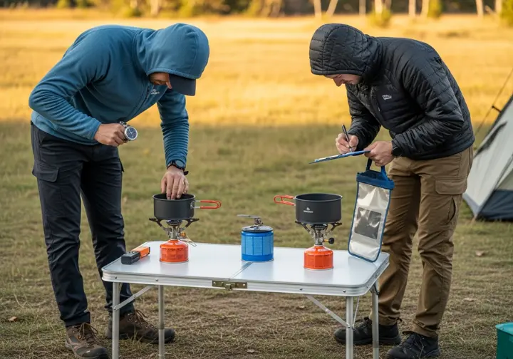 Full-body shot of two people in outdoor gear rigorously testing and comparing two different propane camp stoves at a campsite.