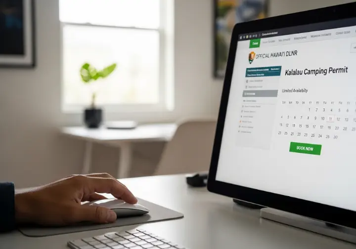 A hand poised over a computer mouse on the Kalalau Trail camping permit website, symbolizing the step-by-step strategy for securing a permit.