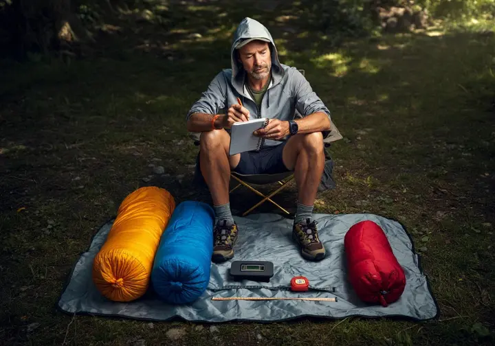 A hiker sits in a camp chair surrounded by several children's sleeping bags and testing equipment, taking notes in a notebook as part of a review process.