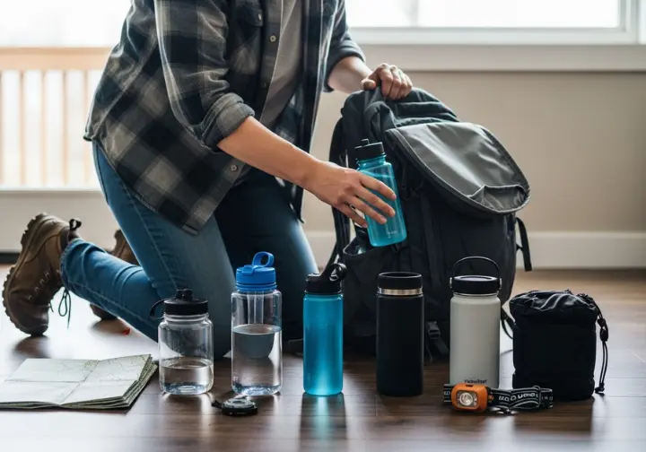 A person kneels on a floor, packing a backpack with hiking gear and choosing from several different water bottles laid out around them