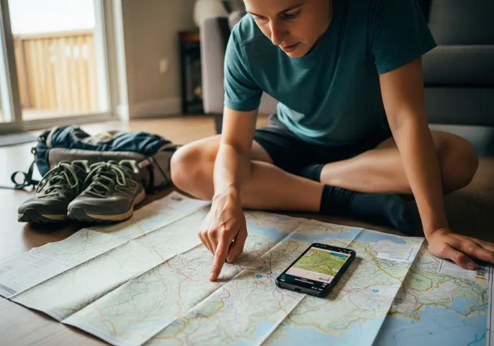 Full-body view of a person sitting on their living room floor, planning a hike using a physical map and a smartphone trail app.