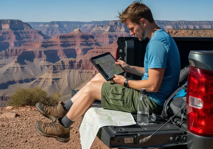 A hiker in a full-body shot sits on the tailgate of their truck, researching truck tents on a tablet with a map nearby, overlooking a canyon.