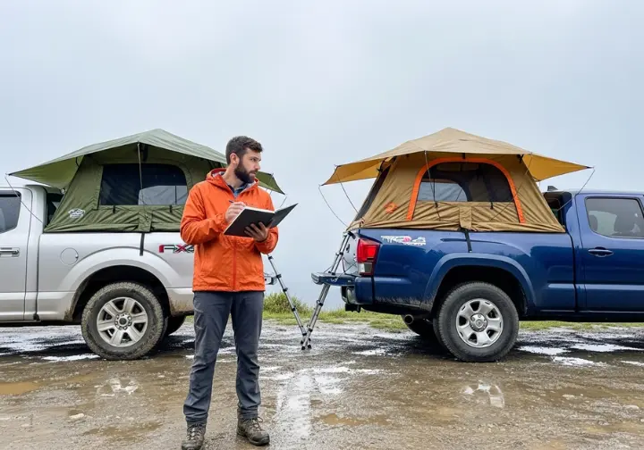 A hiker stands in the rain, comparing two different pickup bed tents set up on trucks at a trailhead for a field test.