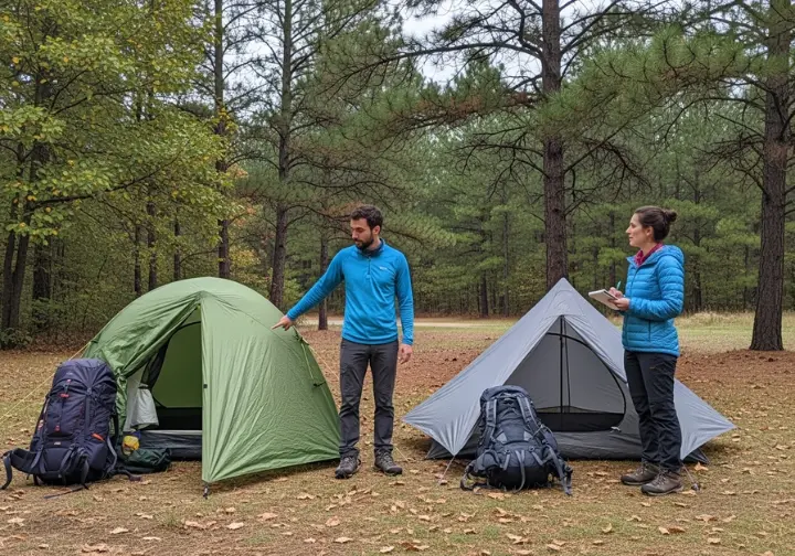 Full-body shot of two hikers comparing two different backpacking tents set up in a field, representing a gear selection process.