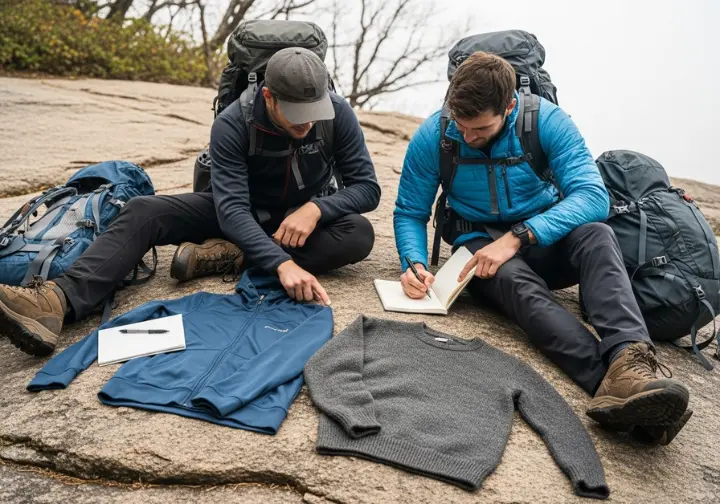 Two backpackers in full hiking gear sit on a rock, comparing two different long-sleeve shirts laid out with a notebook, suggesting a gear selection process.