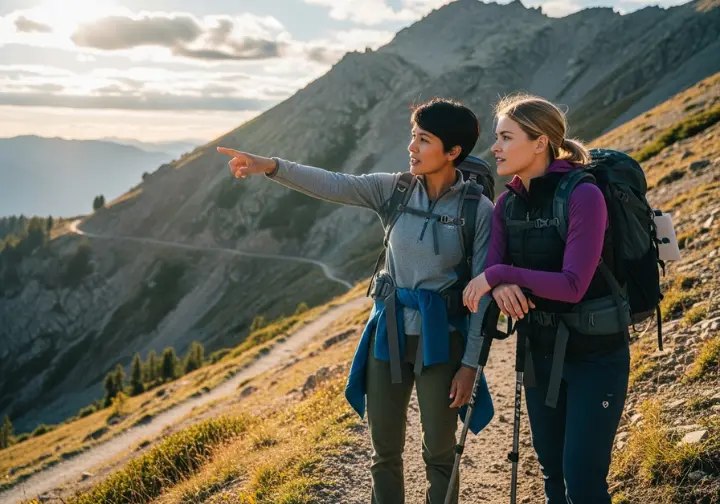 Two female hikers wearing backpacks pause on a trail to discuss their route.