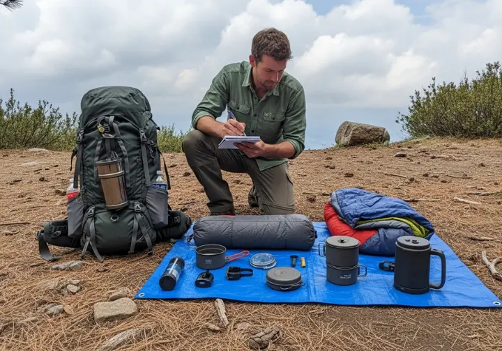 A full-body view of a male hiker kneeling at a campsite, with his backpack and gear laid out for inspection and evaluation.