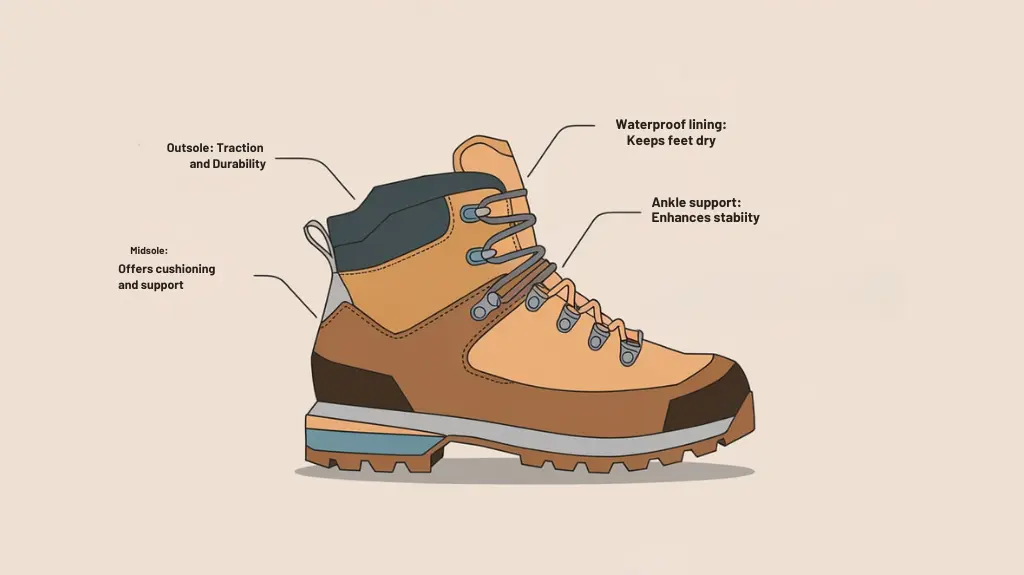 Infographic showing the anatomy of a hiking boot, highlighting features like outsole, ankle support, and waterproof lining.