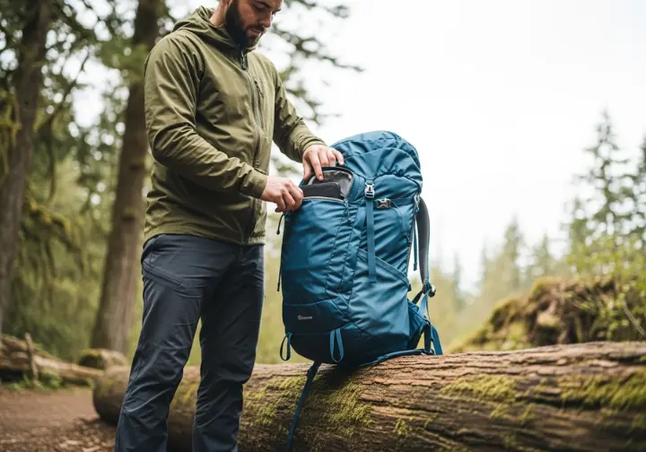 A full-body view of a hiker at a trailhead checking their gear, specifically the fit of their hiking pants over their boots.