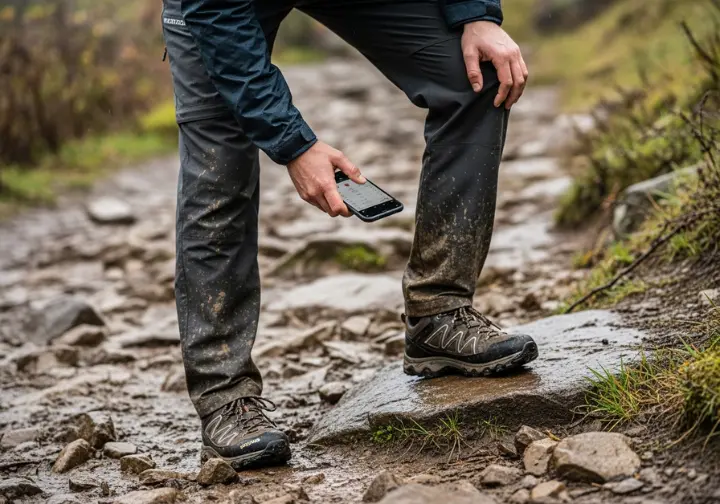 A full-body shot of a hiker in rugged gear examining their muddy shoes on a rocky trail, holding a smartphone.