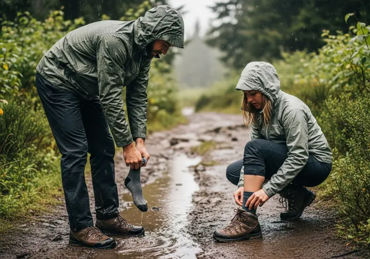 Two hikers in full rain gear on a muddy trail, stopped to inspect the condition of their wet and worn hiking socks.