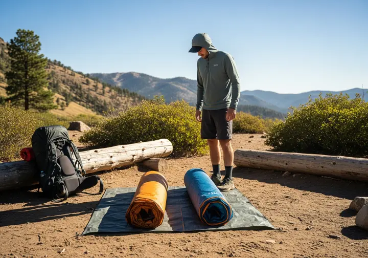 A solo hiker stands at a campsite, looking down and comparing two different trekking tents laid out on the ground.