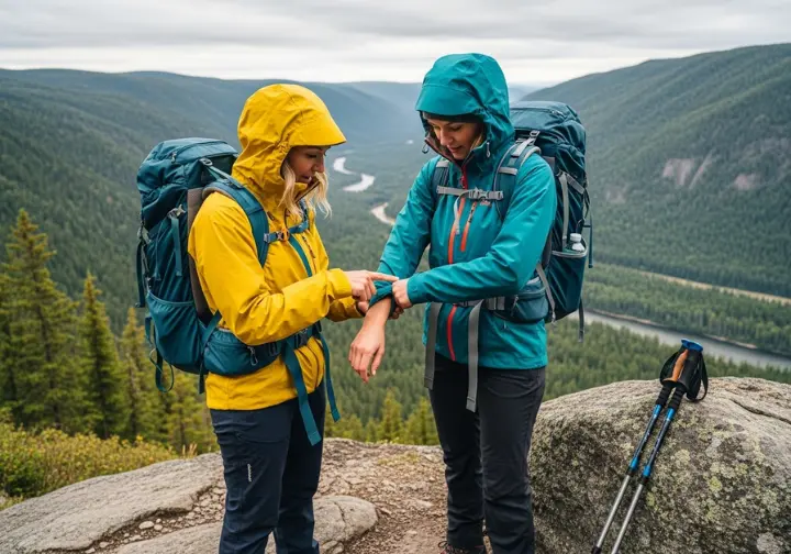 Two women hikers in full gear and different colored rain jackets stand at an overlook, discussing the features of one of the jackets.