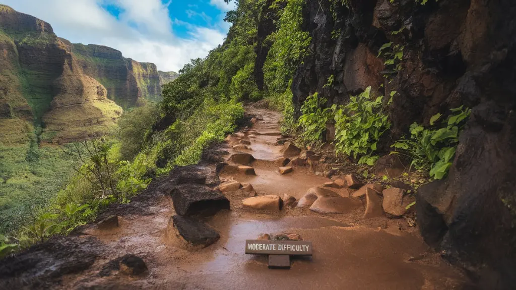 A narrow and rugged section of the Kalalau Trail, highlighting the steep cliffs and challenges of this world-renowned hike.