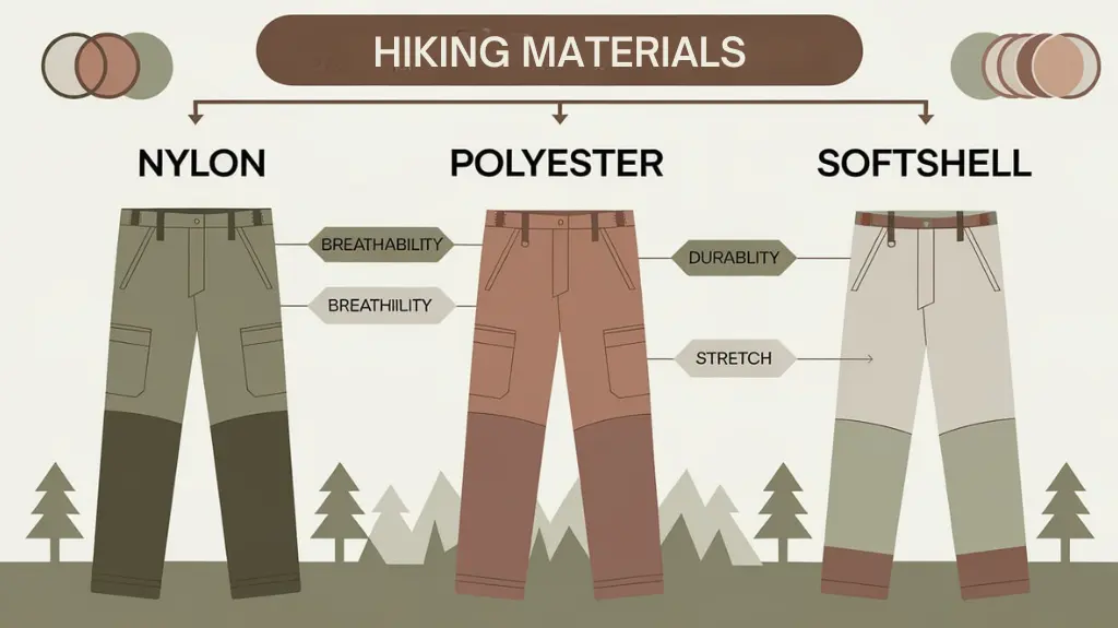 An infographic explaining fabrics and features of men’s hiking pants, such as breathability and stretch.