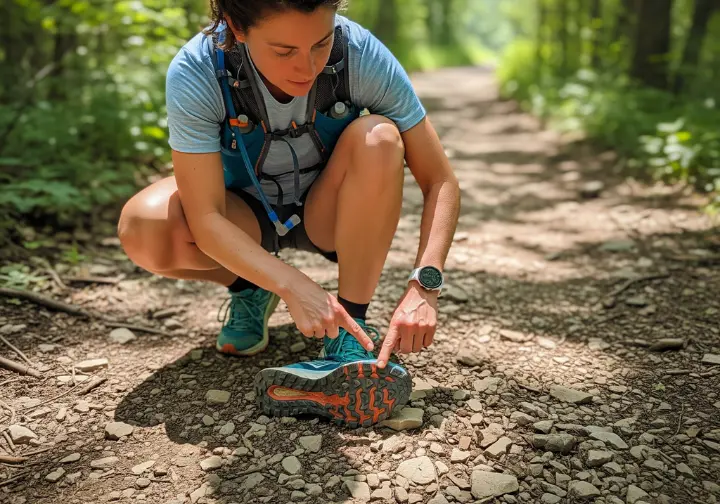 A full-body shot of a woman in hiking clothes crouching on a trail to inspect the sole of her shoe, illustrating a gear testing process.