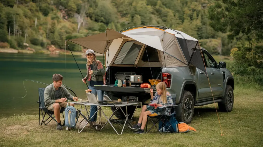 A family enjoying a lakeside camping trip with a pickup bed tent, highlighting its applications and benefits.