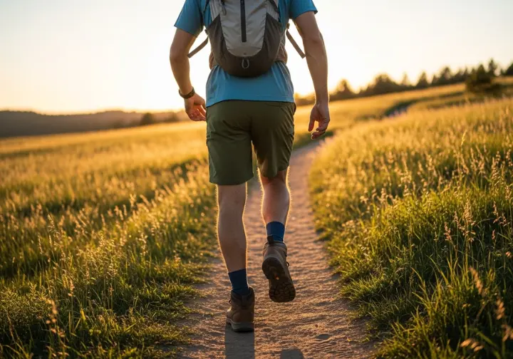Full-body shot of a hiker walking on a trail through a meadow during a golden sunset, showcasing their hiking boots and socks in action.