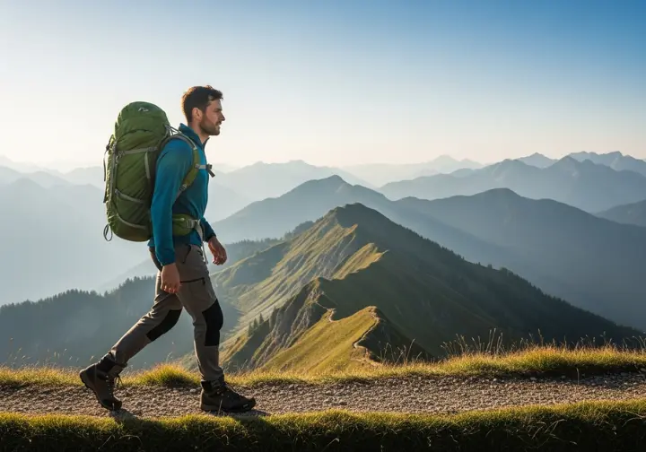 A full-body shot of a male hiker confidently walking on a mountain ridgeline, carrying a large, modern hiking backpack.