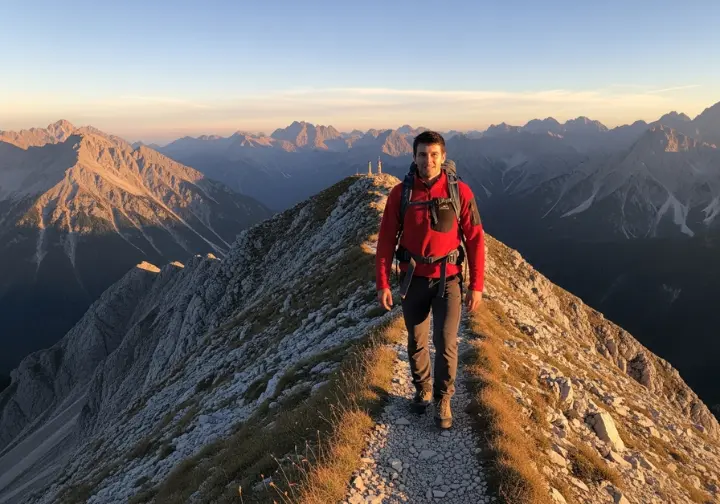 A man in a full-body shot hikes along a mountain ridgeline during golden hour, wearing technical gray hiking pants and a red fleece.