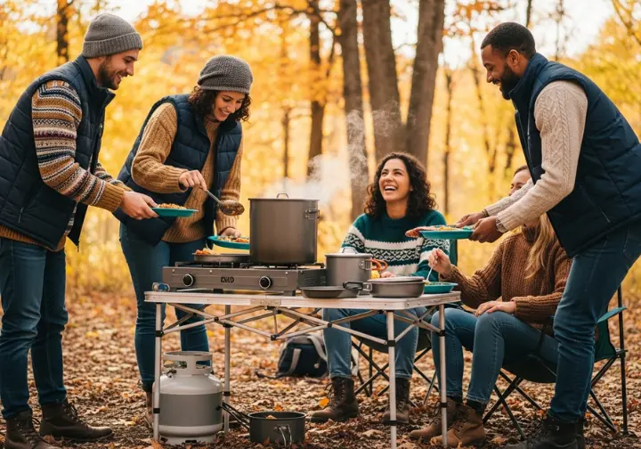 A full-body shot of a group of friends enjoying a meal cooked on a large propane stove at a vibrant fall campsite.