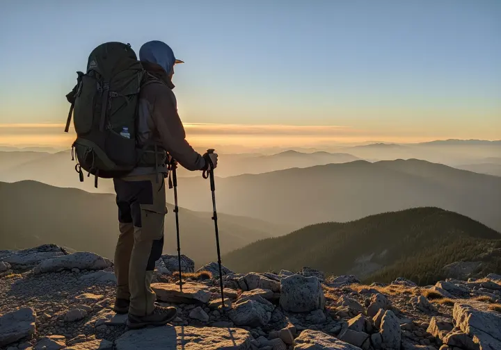 A backpacker with trekking poles stands on a mountain peak during golden hour, looking out at a scenic view of layered mountain ranges.