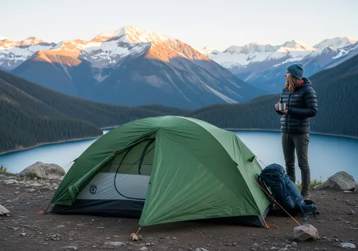 A backpacker in a puffy jacket stands next to their pitched tent, looking out over an alpine lake and mountains at sunrise.