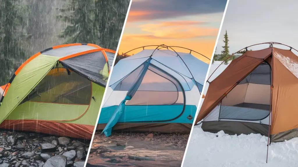 Backpacking tents in rain, sun, and snow, showcasing features like waterproofing, ventilation, and insulation for different needs.