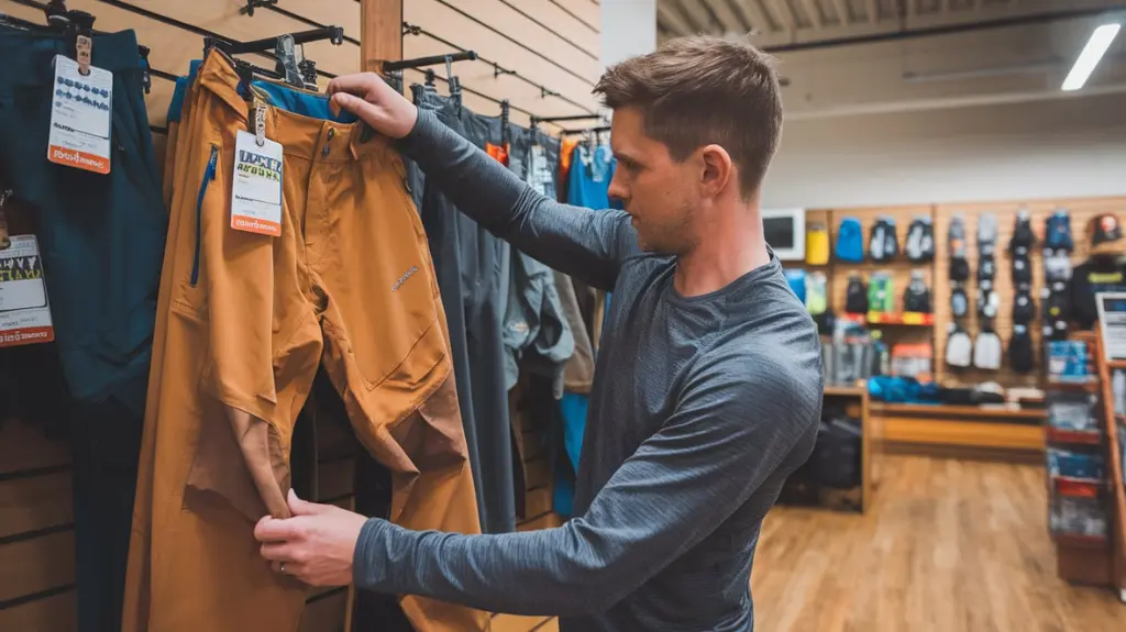 A hiker choosing hiking pants in a store, with tags highlighting fit and weather considerations.