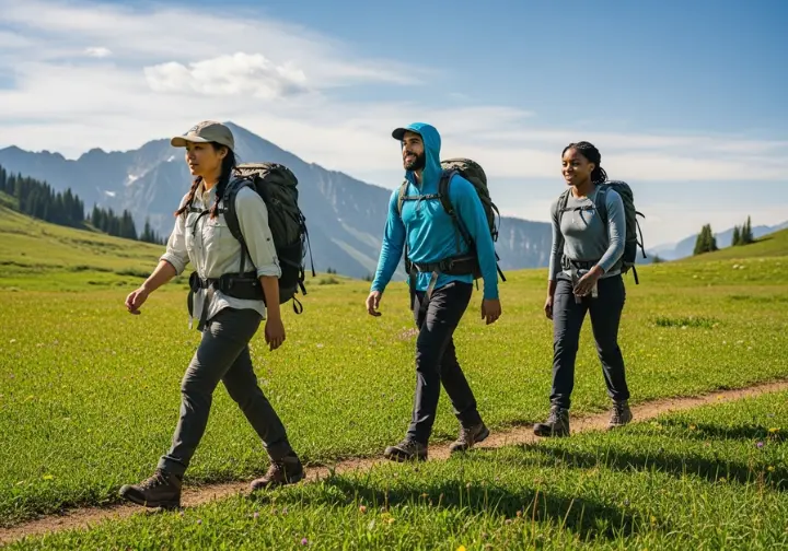 A full-body shot of three diverse backpackers hiking in a line through a green mountain meadow, each wearing a different style of long-sleeve shirt.